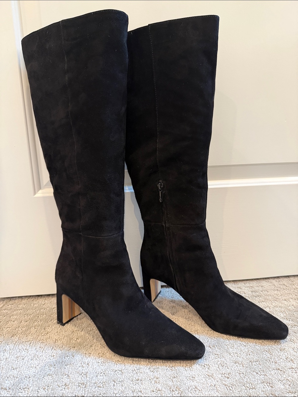 Sam Edelman Sylvie Black Suede Knee-High Block Heel Boots Size 10 Wide Calf
